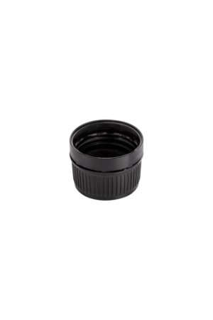 Black 24mm tamper evident cap for leak-resistant sealing of oils, liquids and cosmetic products