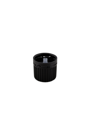 Black 18mm tamper evident cap with integrated dripper insert for controlled dispensing of essential oils
