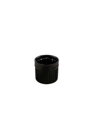 Black 18mm tamper evident cap for secure sealing of essential oil, tincture and liquid product bottles
