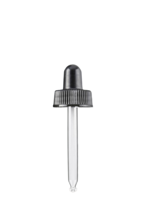 Black plastic dropper with glass stem for precise dispensing of essential oils, carrier oils and liquid formulations